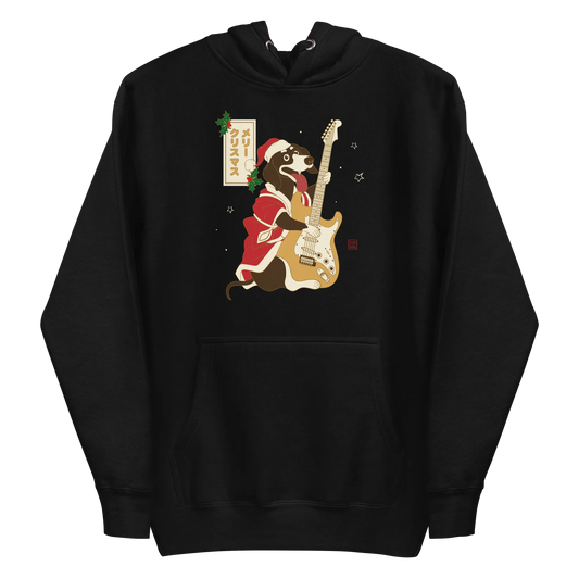 Dachshund Play Guitar Christmas Japanese Ukiyo-e Unisex Hoodie - Black / S