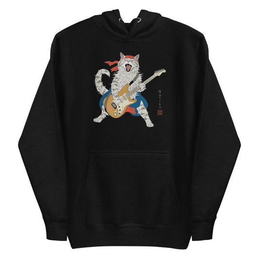 Cat Playing Guitar Japanese Ukiyo-e Unisex Hoodie - Black / S