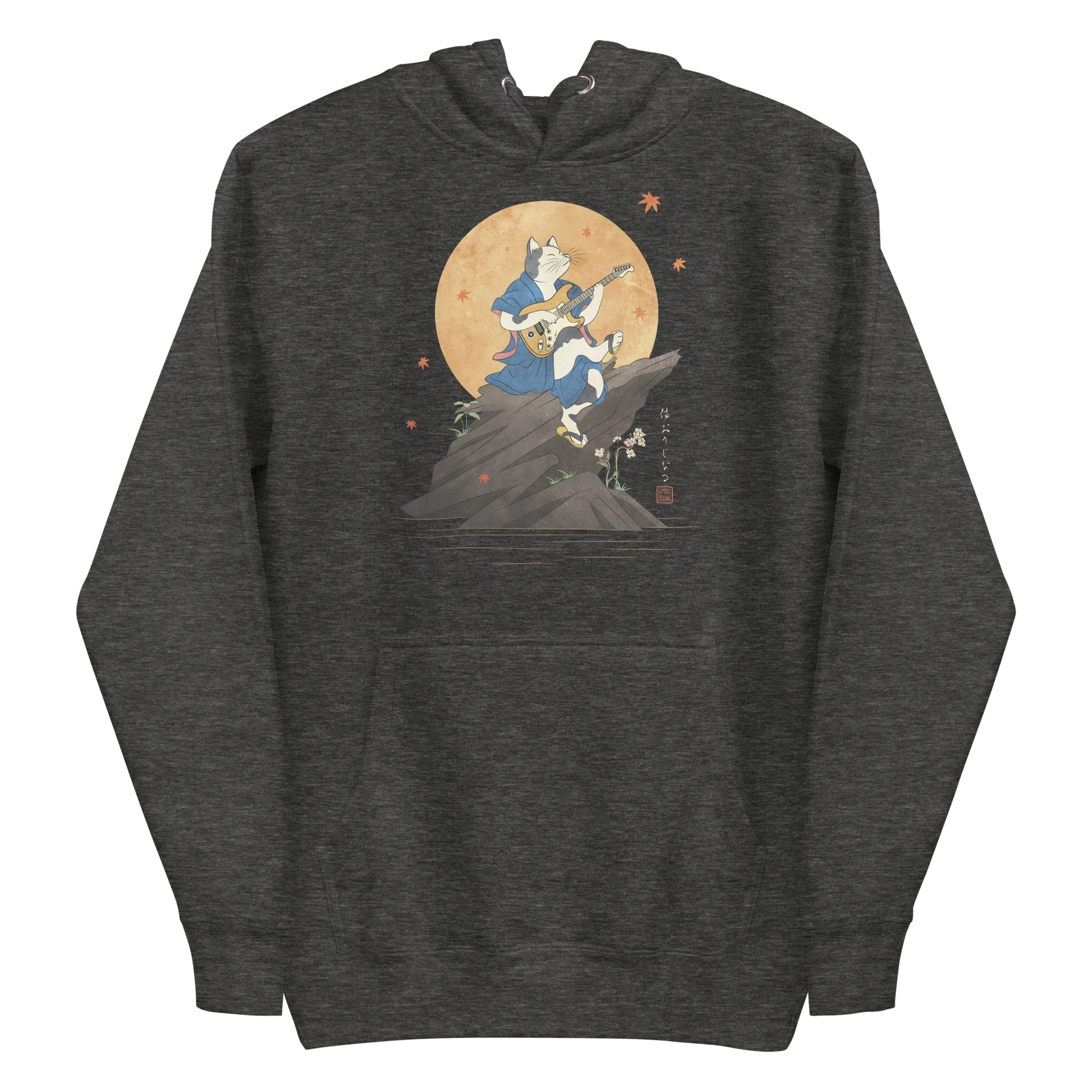 Cat Playing Guitar Japanese Ukiyo-e Unisex Hoodie 2 - Charcoal Heather / S