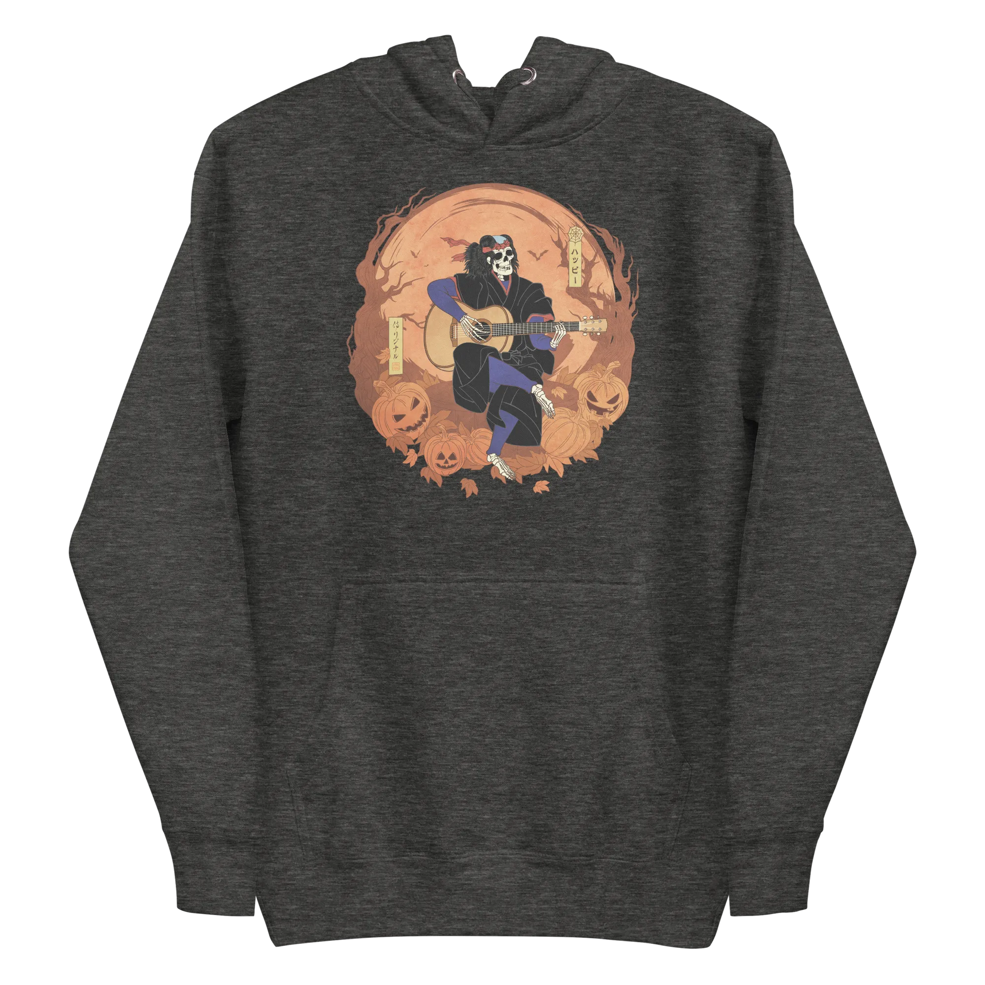 Halloween Skeleton Play Guitar Japanese Ukiyo-e Unisex Hoodie - Charcoal Heather / S