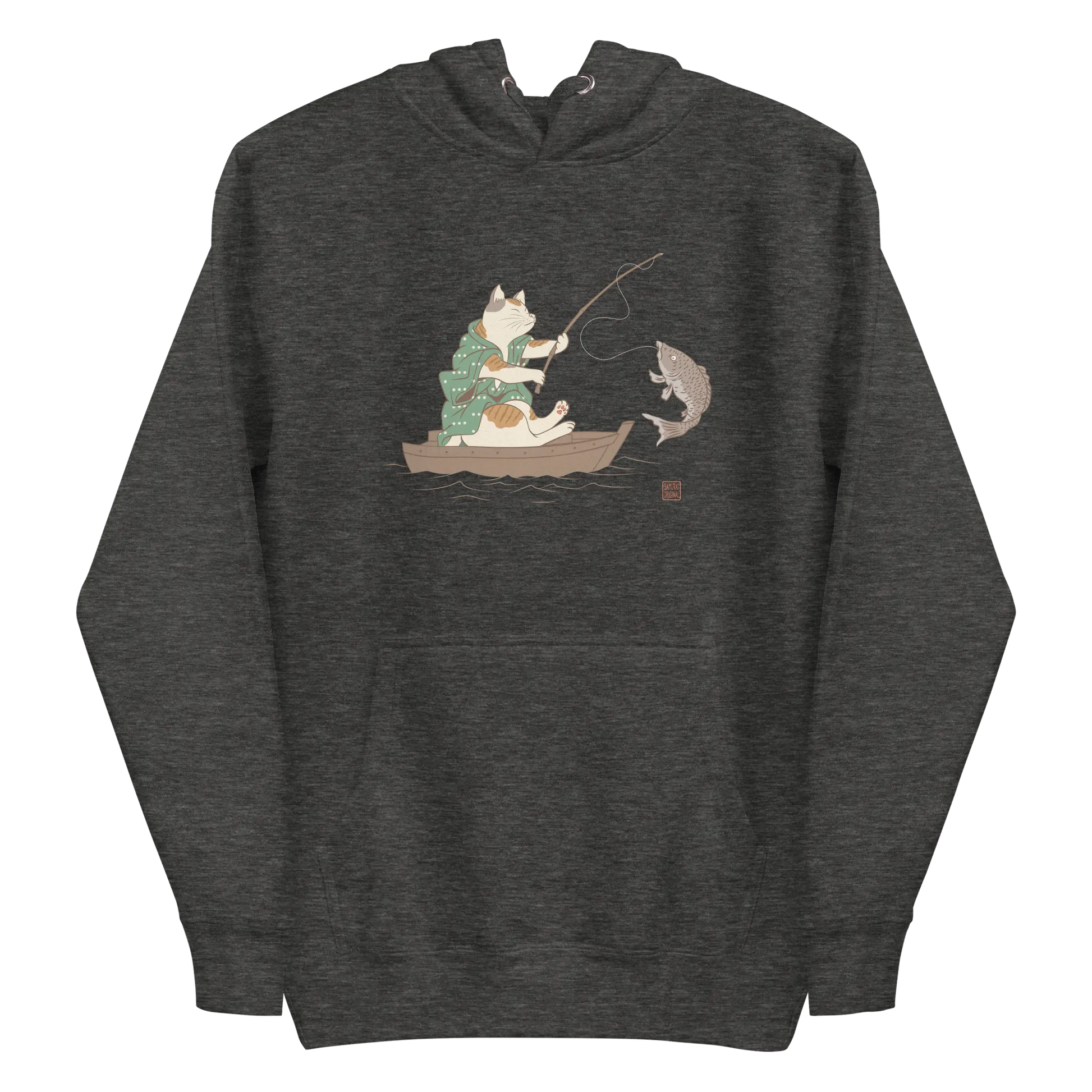 Cat Fishing Funny Japanese Ukiyo-e Unisex Hoodie - Charcoal Heather / S