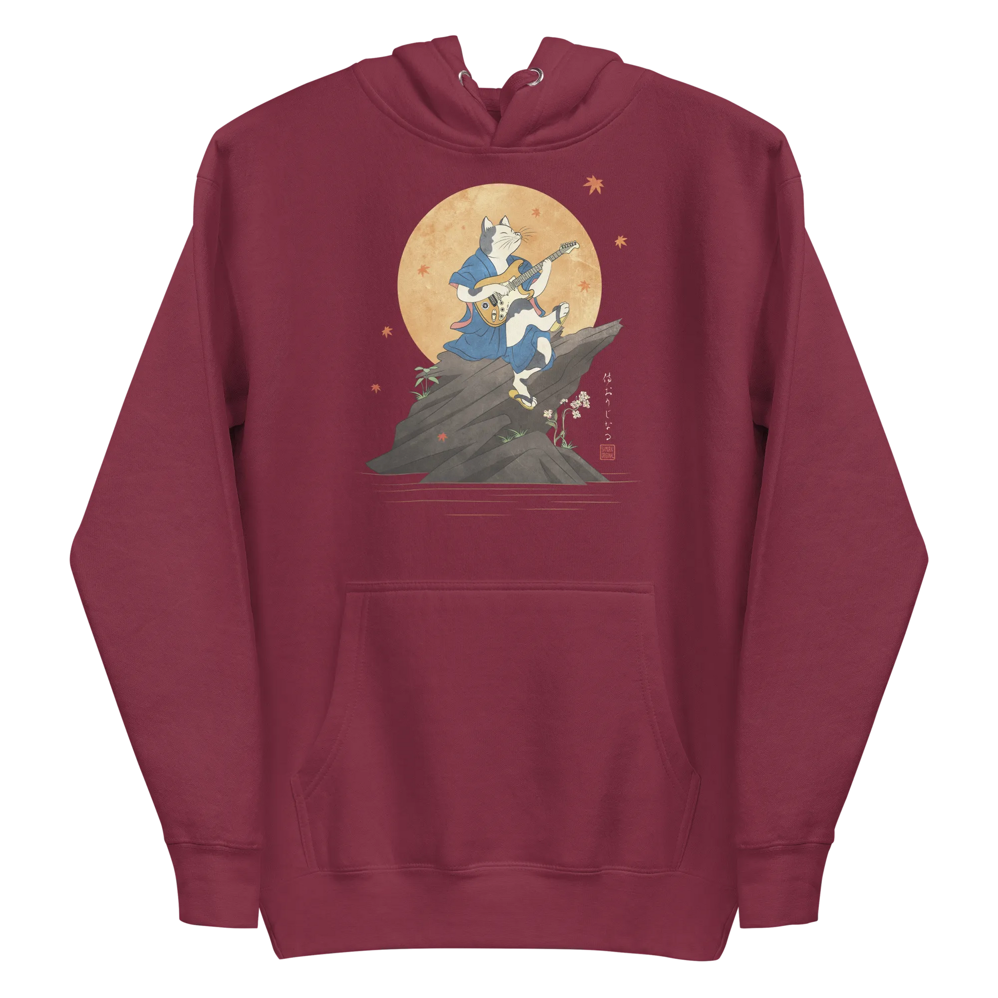 Cat Playing Guitar Japanese Ukiyo-e Unisex Hoodie 2 - Maroon / S