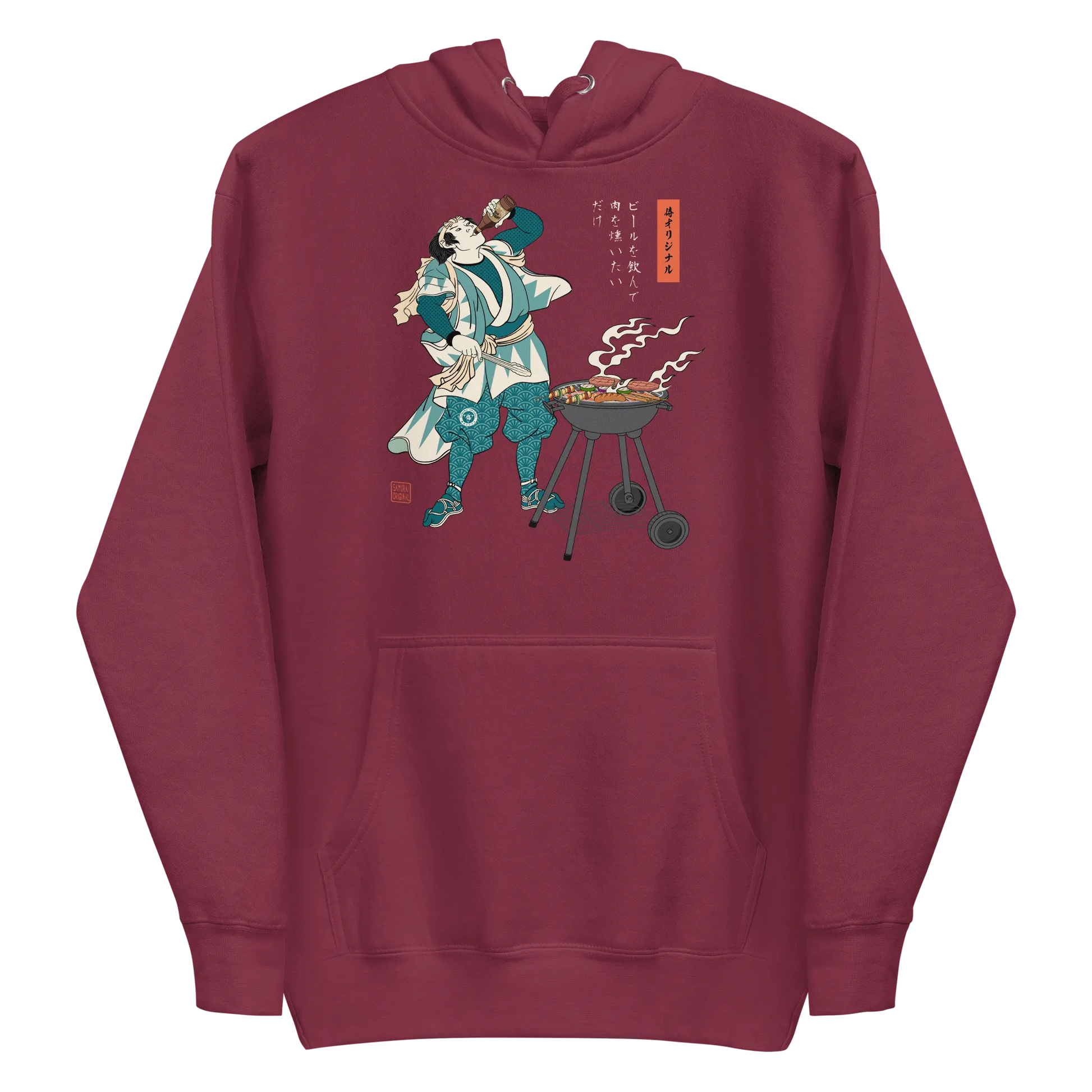 Samurai Beer and BBQ Japanese Ukiyo-e Unisex Hoodie - Maroon / S