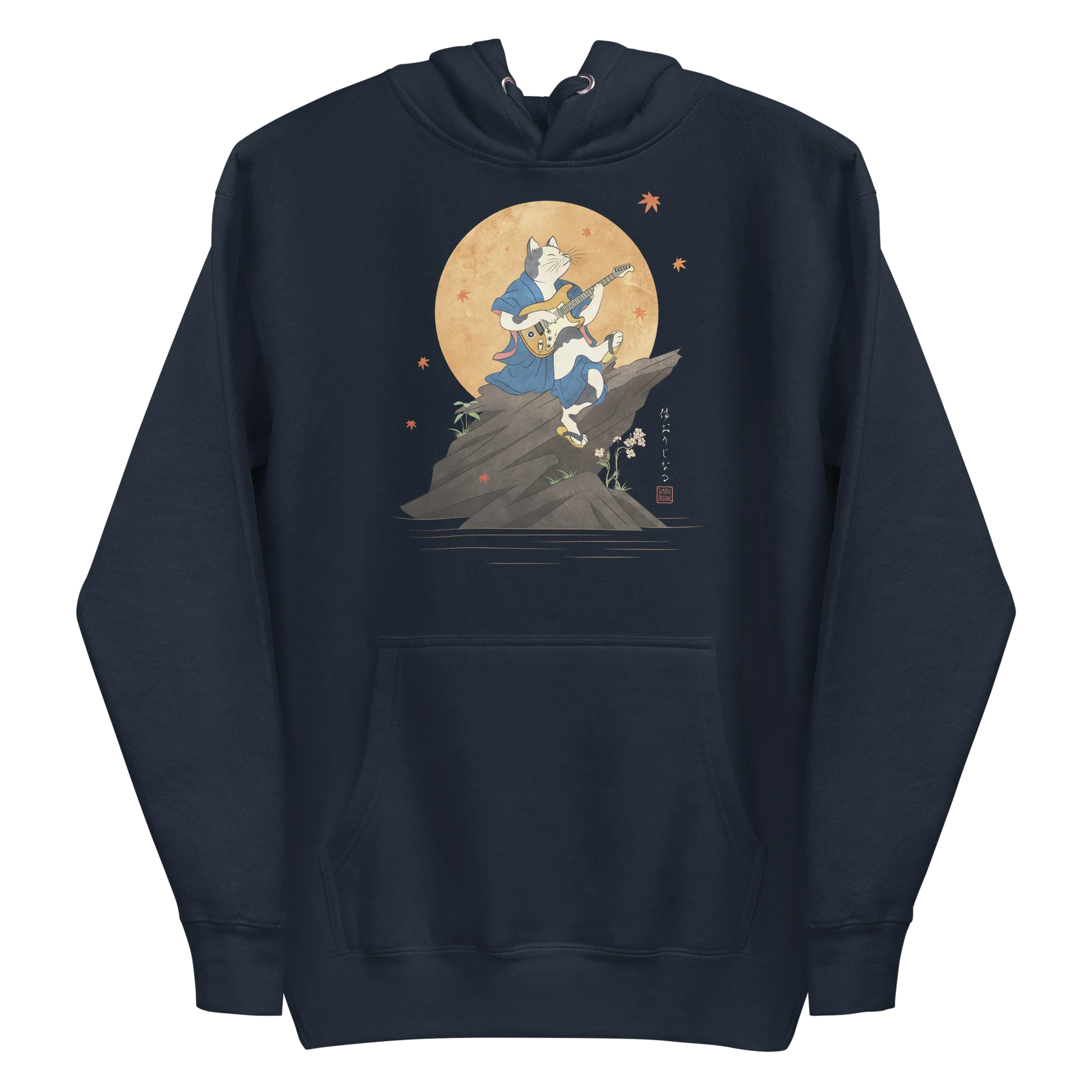 Cat Playing Guitar Japanese Ukiyo-e Unisex Hoodie 2 - Navy Blazer / S