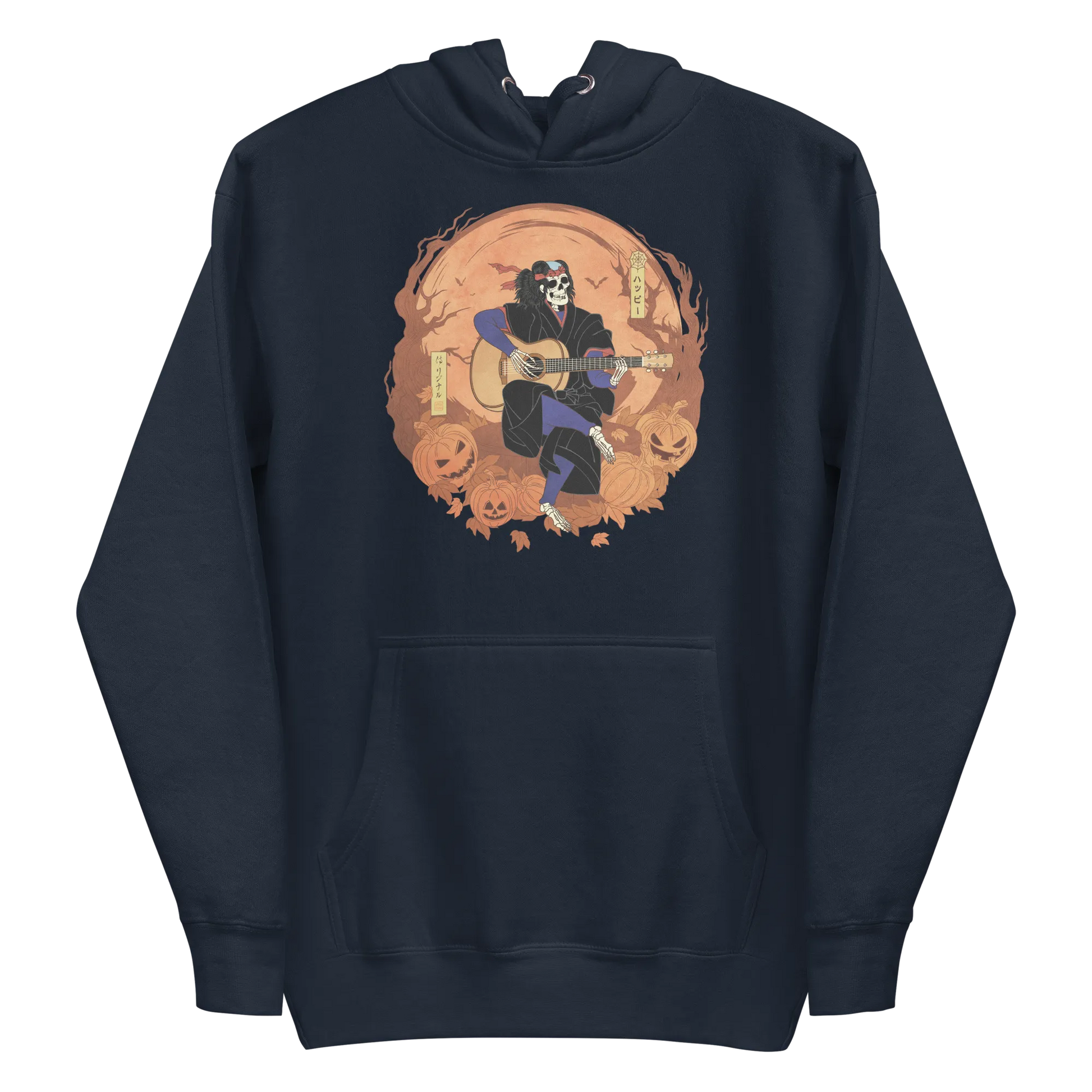 Halloween Skeleton Play Guitar Japanese Ukiyo-e Unisex Hoodie - Navy Blazer / S