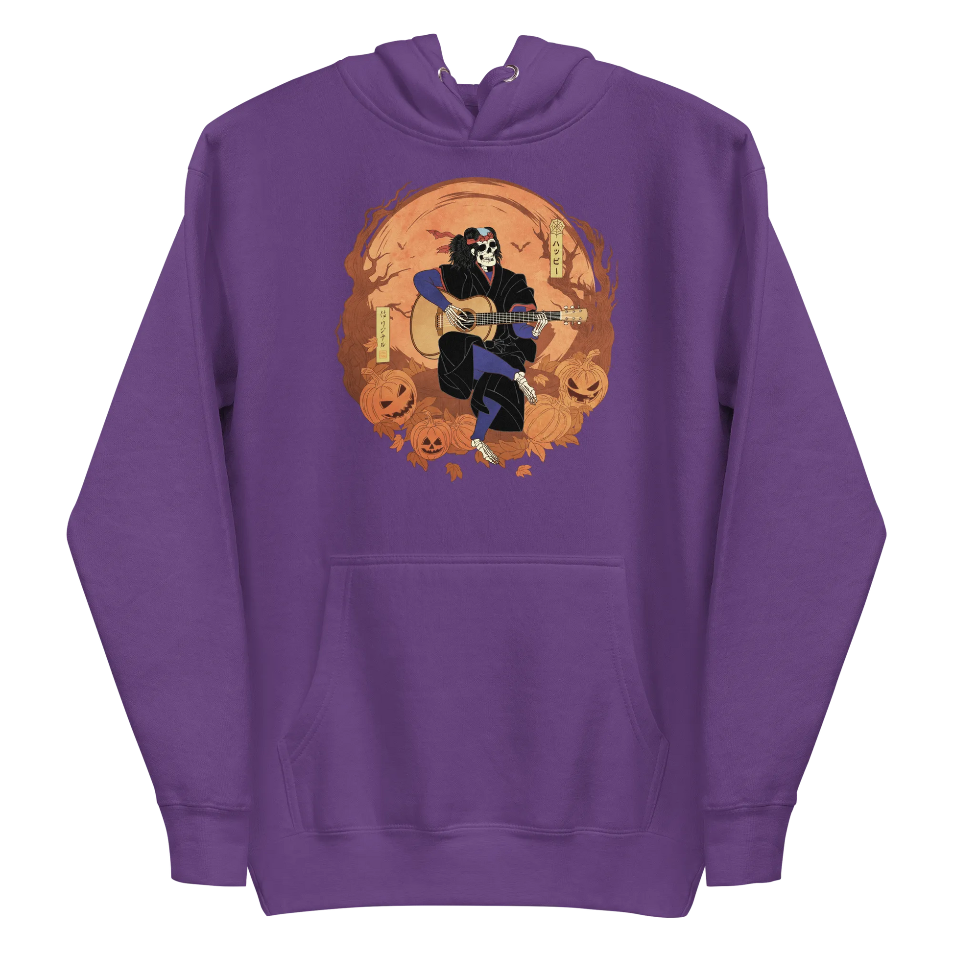 Halloween Skeleton Play Guitar Japanese Ukiyo-e Unisex Hoodie - Purple / S