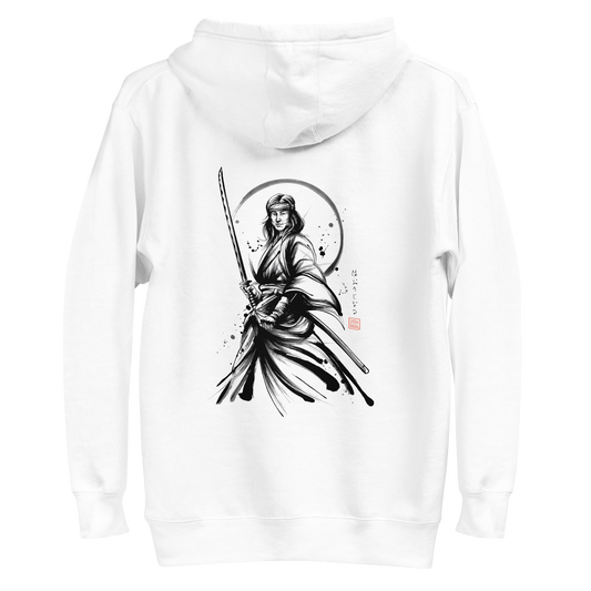 Female Samurai Sumi-e Japanese Ink Unisex Hoodie - White / S