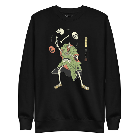 Halloween Samurai Skeleton Juggling Japanese Ukiyo-e Unisex Premium Sweatshirt - Black / S