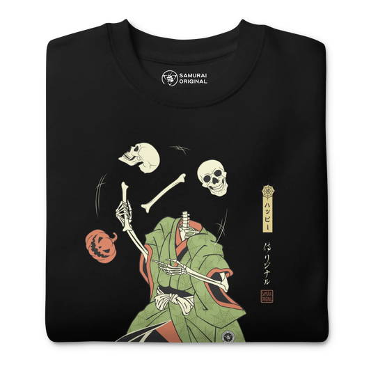 Halloween Samurai Skeleton Juggling Japanese Ukiyo-e Unisex Premium Sweatshirt -