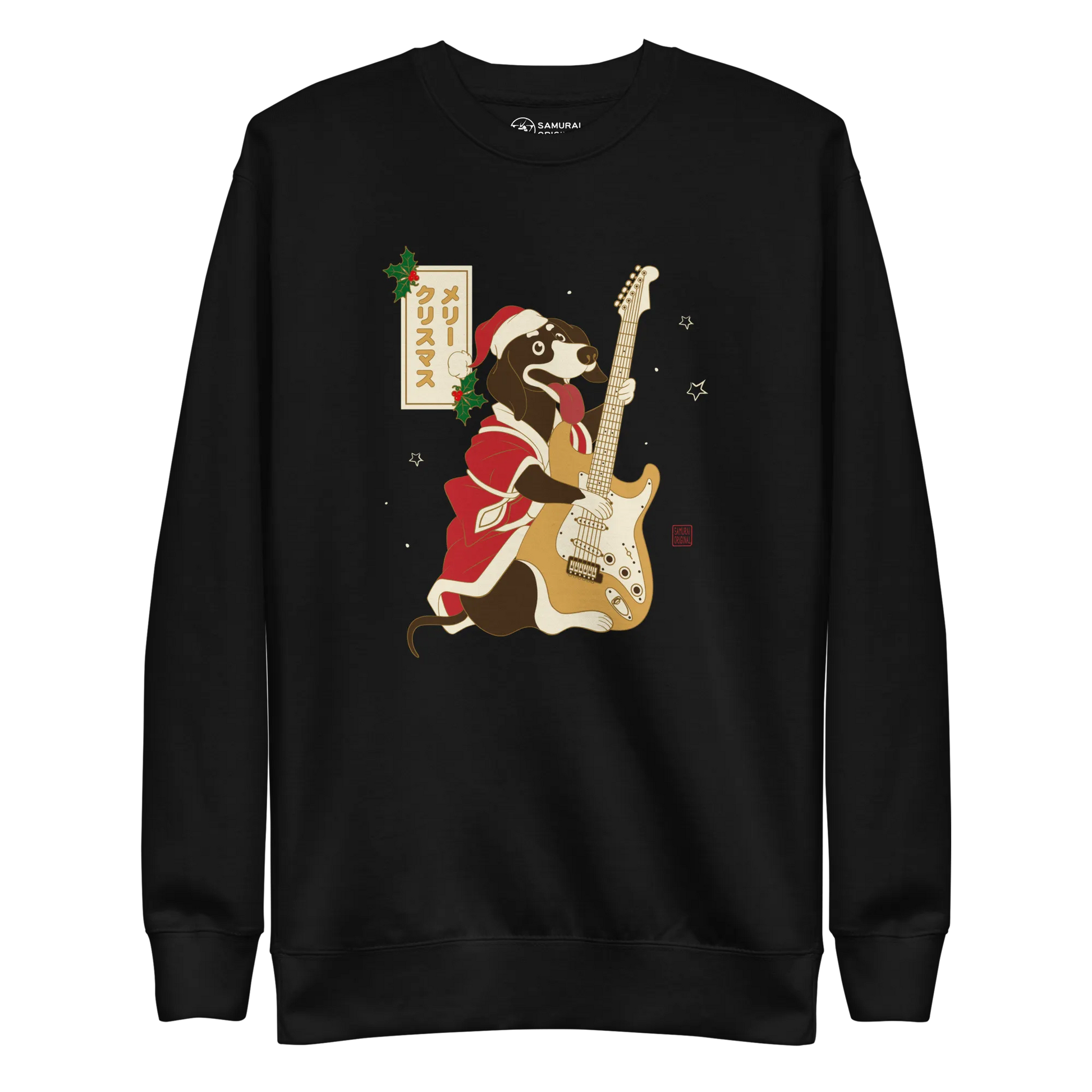 Dachshund Play Guitar Christmas Japanese Ukiyo-e Unisex Premium Sweatshirt - Black / S