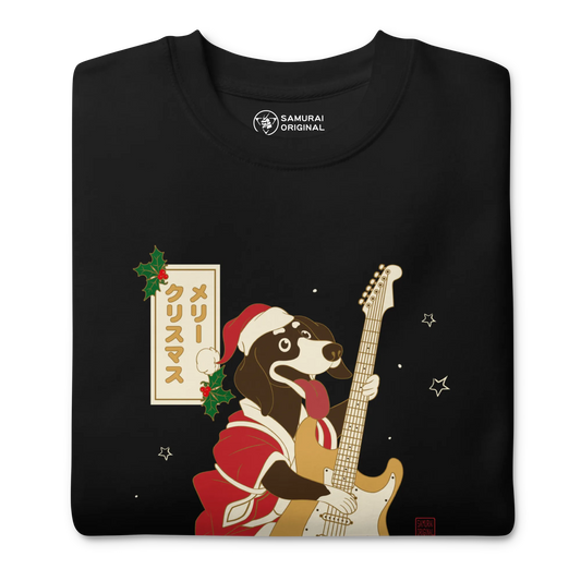 Dachshund Play Guitar Christmas Japanese Ukiyo-e Unisex Premium Sweatshirt -