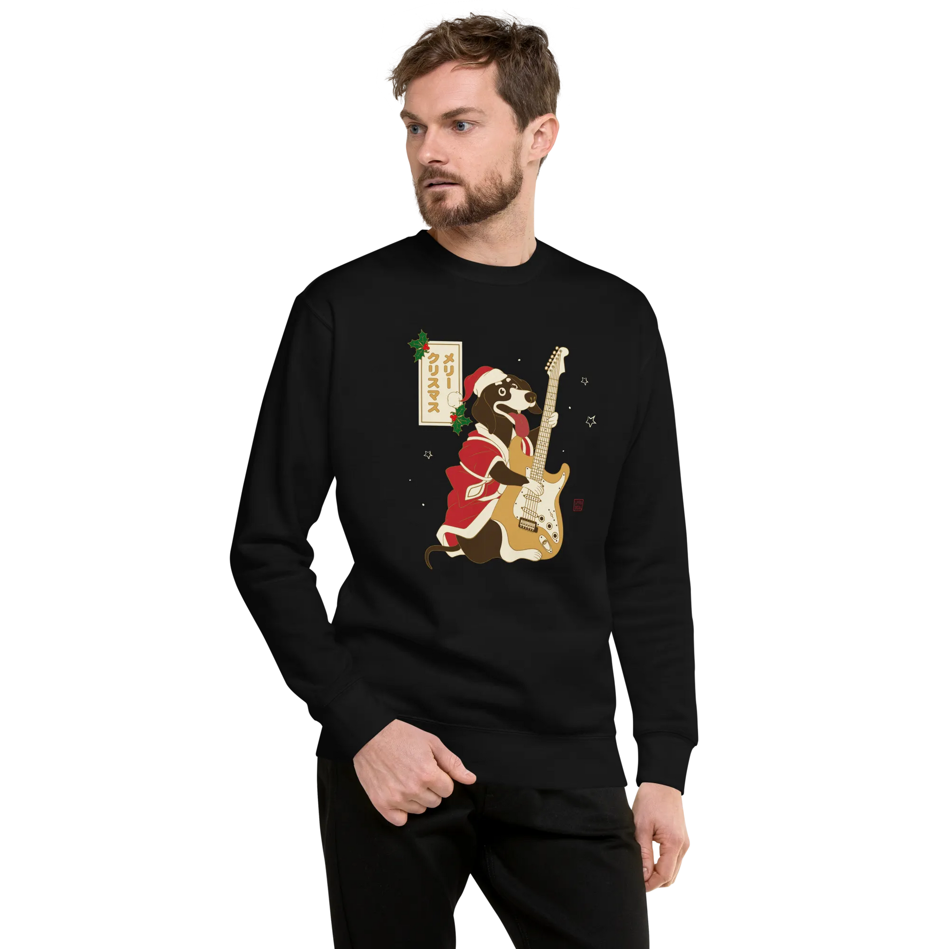 Dachshund Play Guitar Christmas Japanese Ukiyo-e Unisex Premium Sweatshirt -