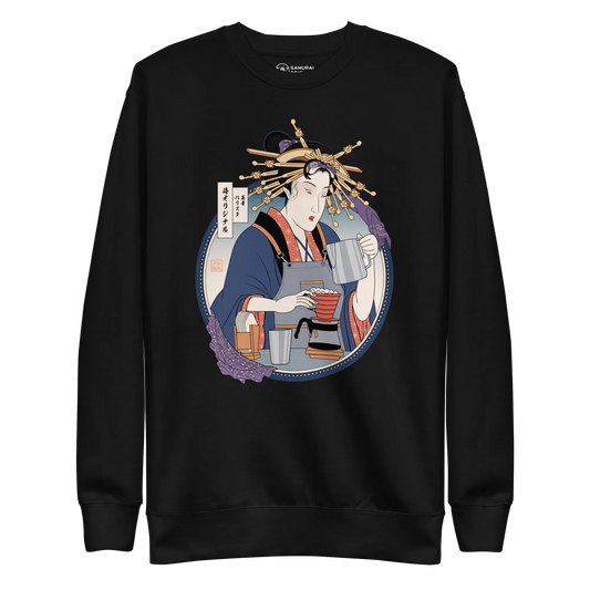 Geisha Barista Ukiyo-e Unisex Premium Sweatshirt - Black / S