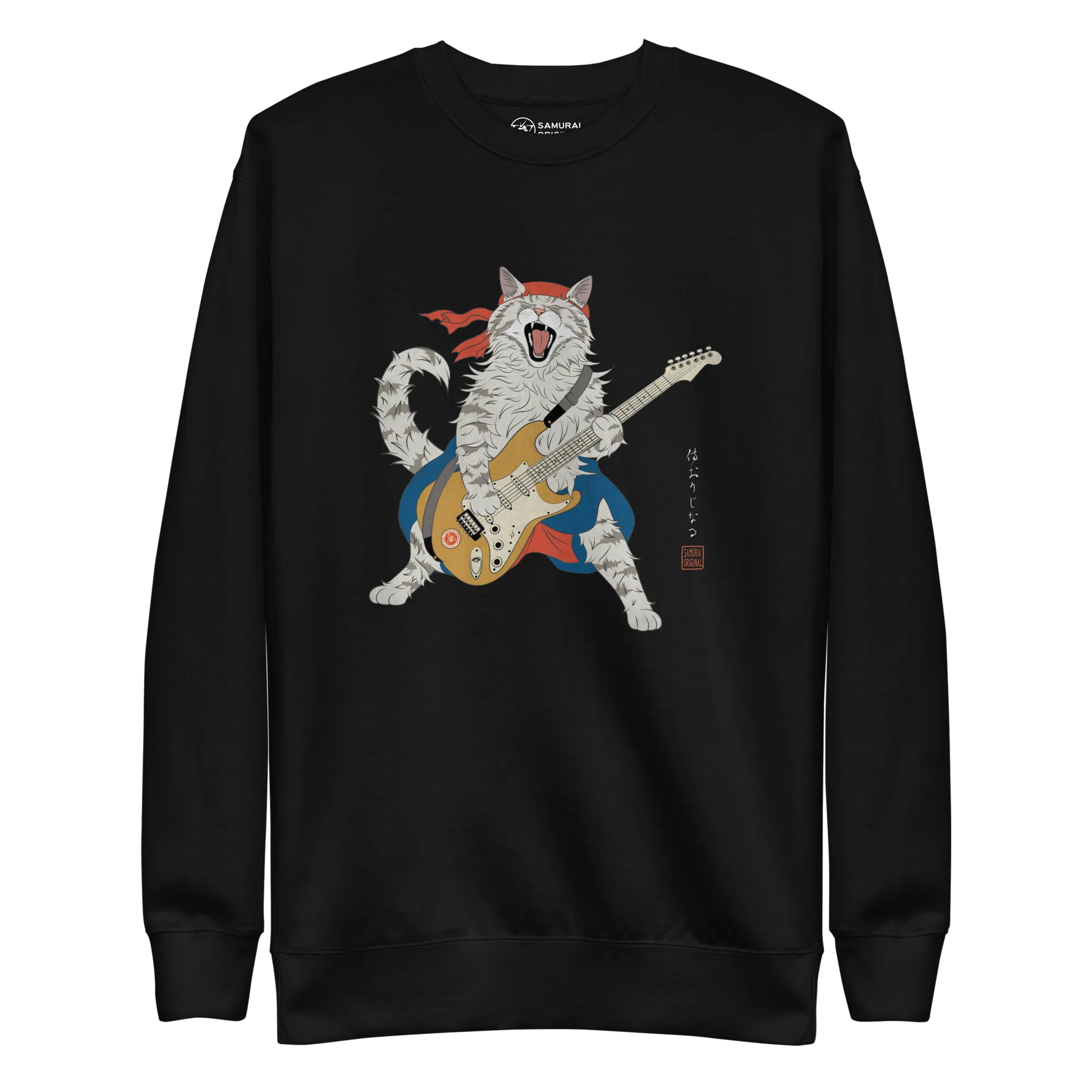 Cat Playing Guitar Japanese Ukiyo-e Unisex Premium Sweatshirt - Black / S