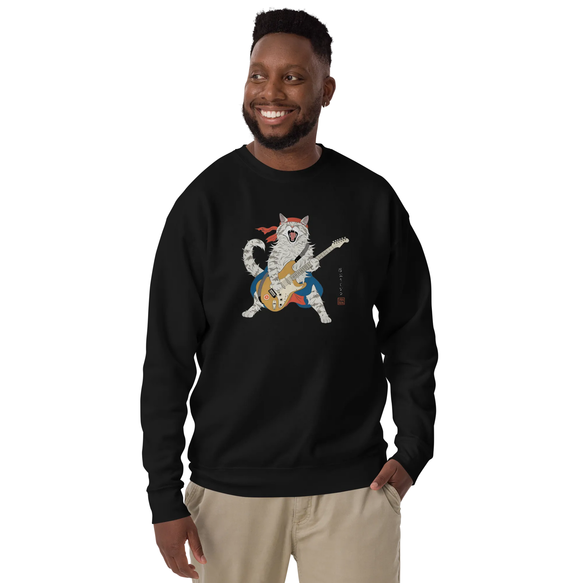 Cat Playing Guitar Japanese Ukiyo-e Unisex Premium Sweatshirt -