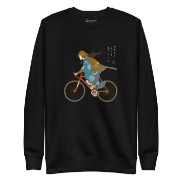 Onna Musha Riding Bicycle Japanese Ukiyo-e Unisex Premium Sweatshirt - Samurai Original