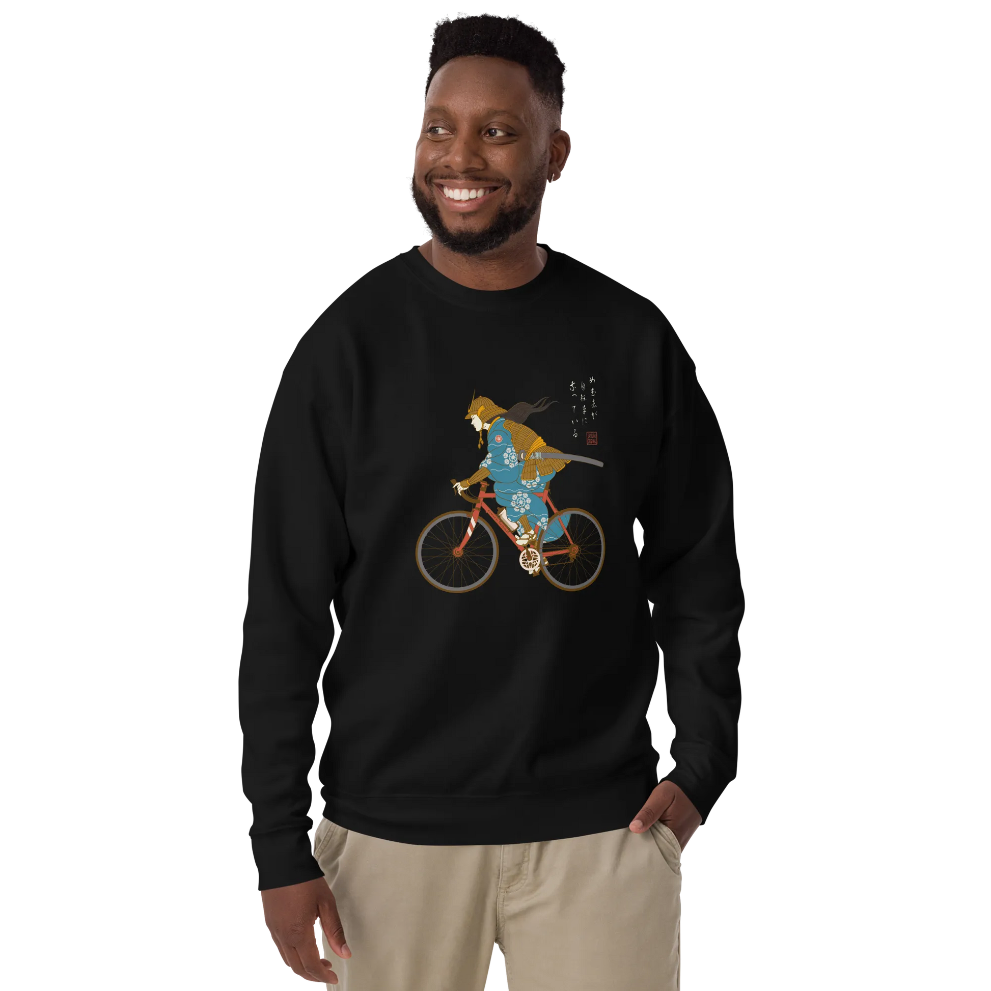 Onna Musha Riding Bicycle Japanese Ukiyo-e Unisex Premium Sweatshirt - Samurai Original