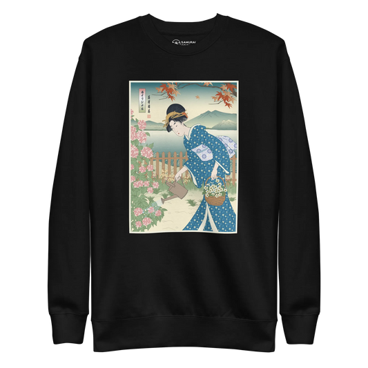 Geisha Gardening Japanese Ukiyo-e Unisex Premium Sweatshirt 3 - Black / S