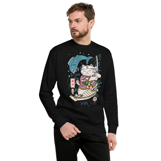 Samurai Cat Love Fish 2 Ukiyo-e Funny Unisex Premium Sweatshirt