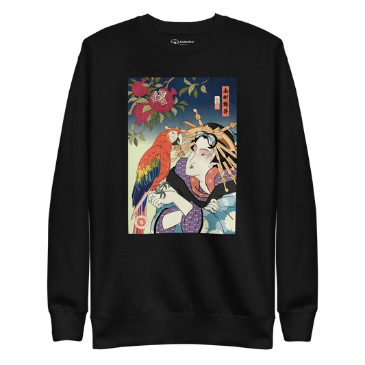 Geisha & Macaw Parrot Bird Japanese Ukiyo-e Unisex Premium Sweatshirt