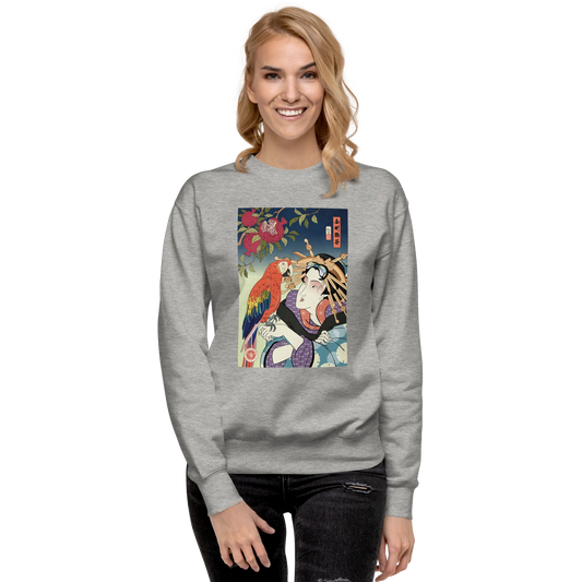 Geisha & Macaw Parrot Bird Japanese Ukiyo-e Unisex Premium Sweatshirt