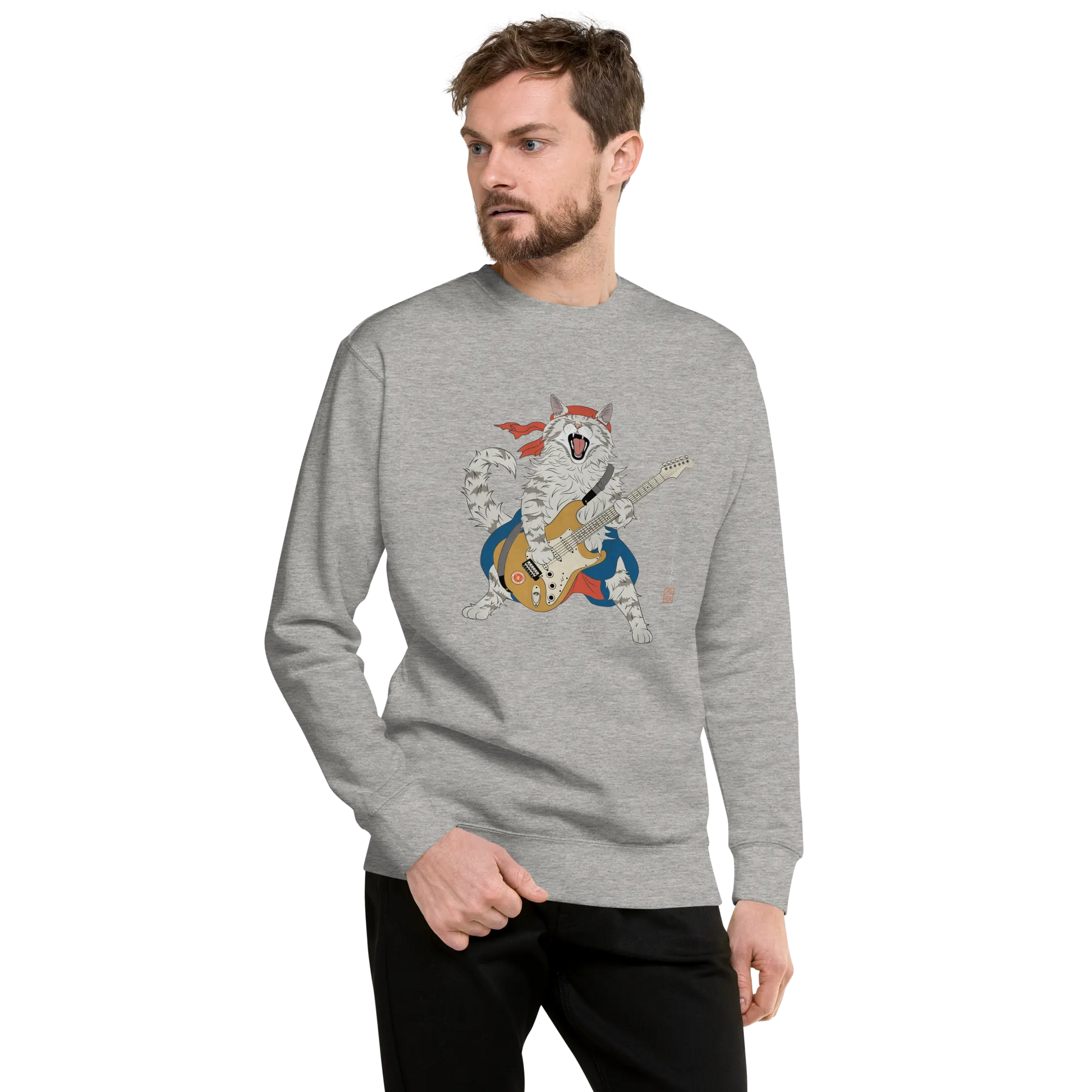 Cat Playing Guitar Japanese Ukiyo-e Unisex Premium Sweatshirt -