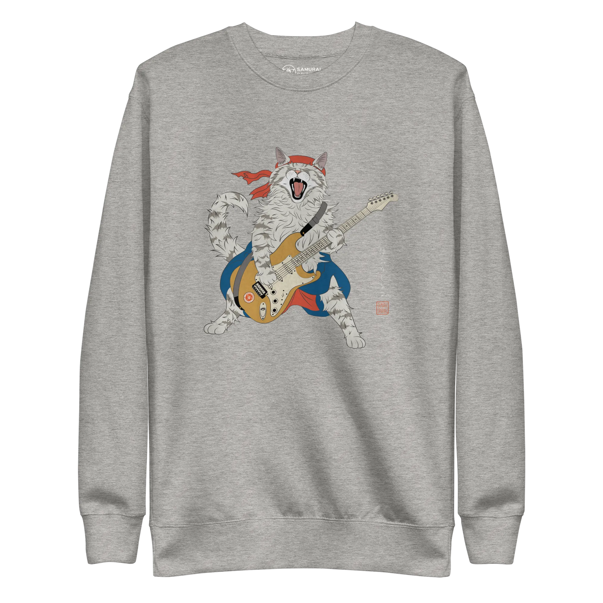 Cat Playing Guitar Japanese Ukiyo-e Unisex Premium Sweatshirt - Carbon Grey / S