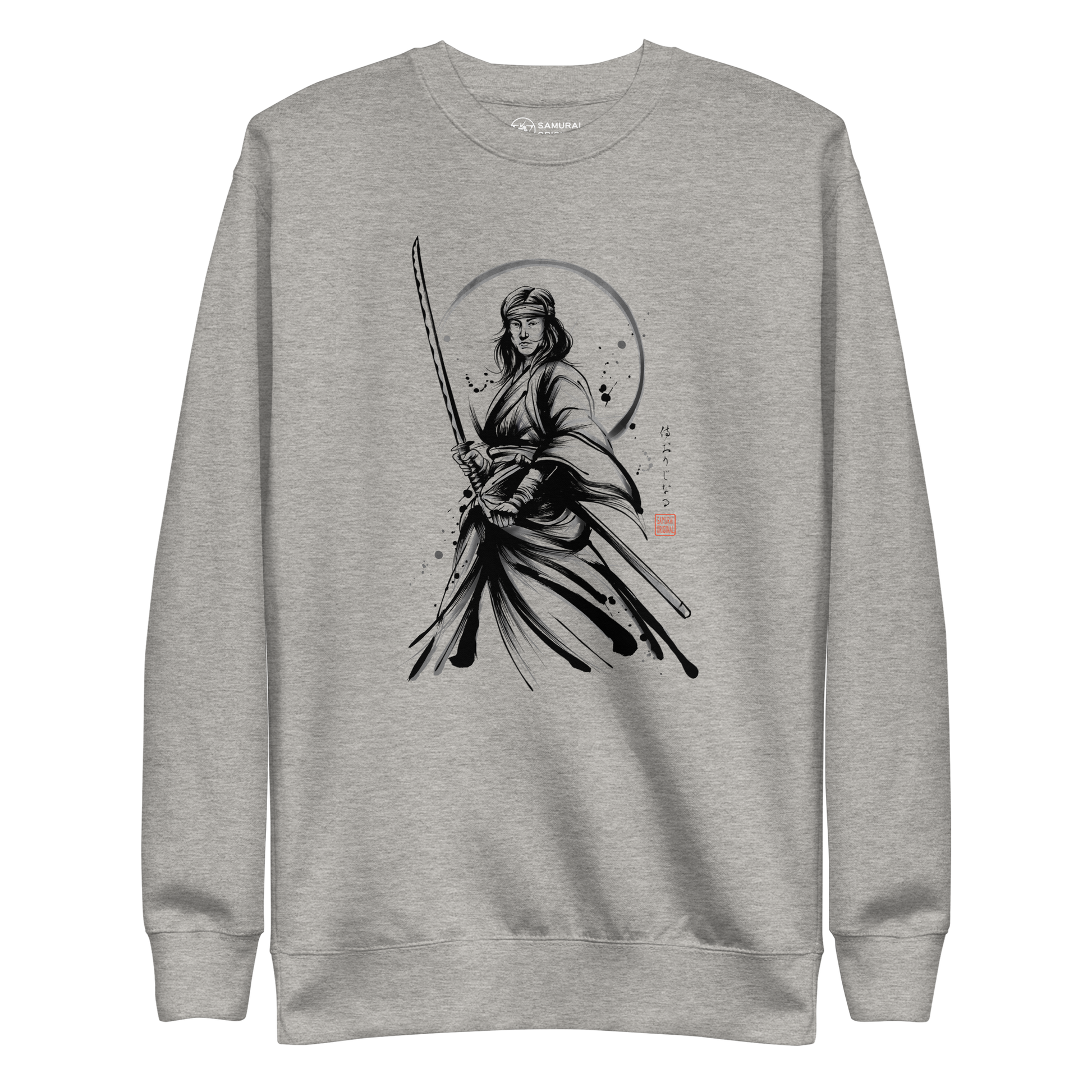 Female Samurai Sumi-e Japanese Ink Unisex Premium Sweatshirt - Carbon Grey / S