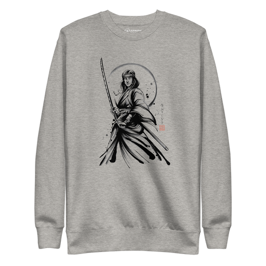 Female Samurai Sumi-e Japanese Ink Unisex Premium Sweatshirt - Carbon Grey / S