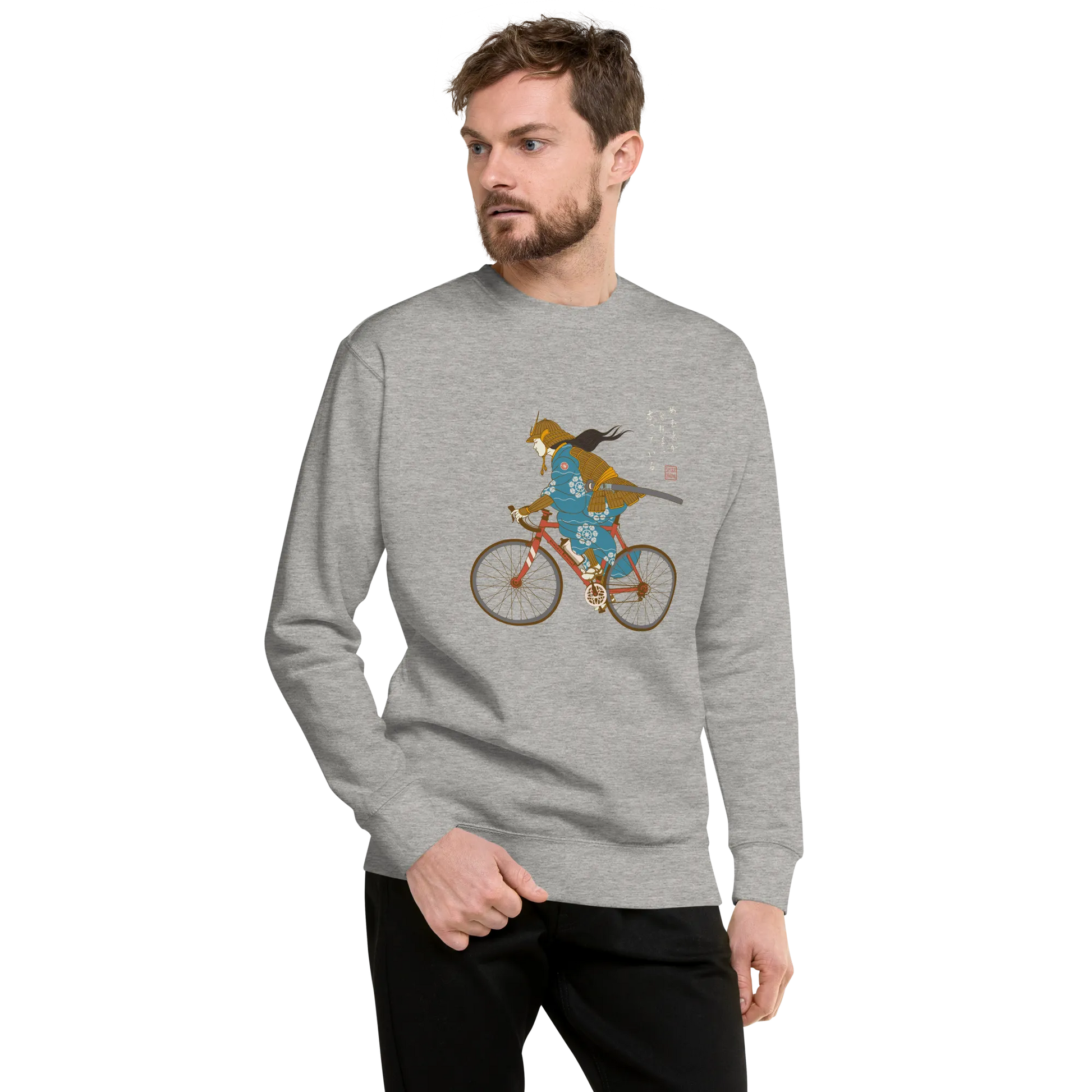 Onna Musha Riding Bicycle Japanese Ukiyo-e Unisex Premium Sweatshirt - Samurai Original