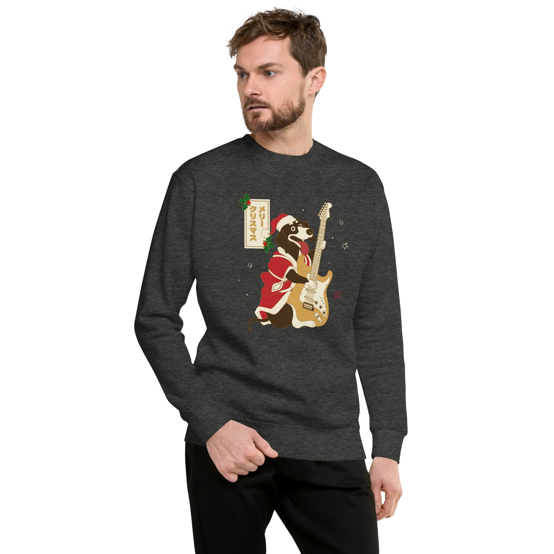 Dachshund Play Guitar Christmas Japanese Ukiyo-e Unisex Premium Sweatshirt -