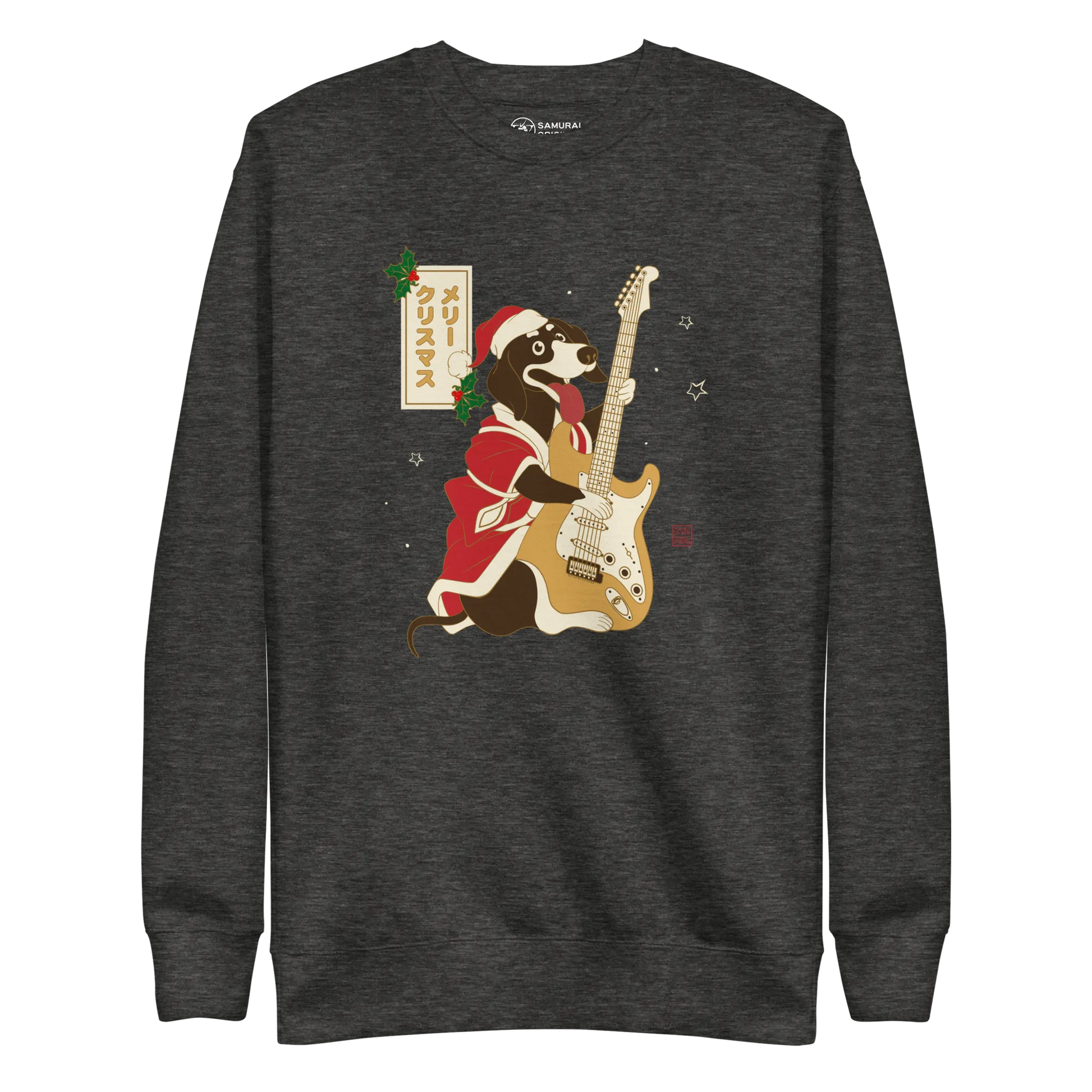 Dachshund Play Guitar Christmas Japanese Ukiyo-e Unisex Premium Sweatshirt - Charcoal Heather / S