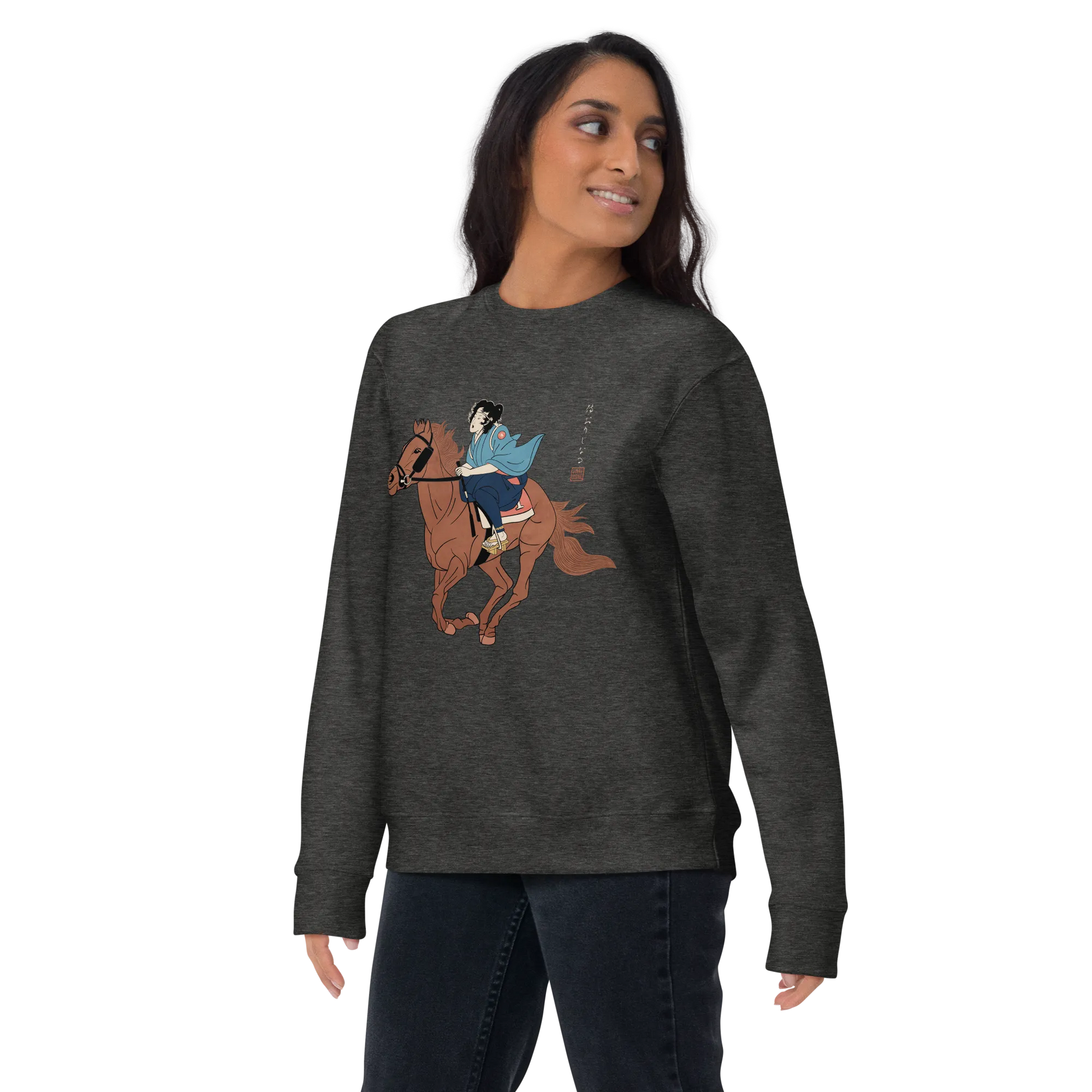 Onna Bugeisha Riding Horse Japanese Ukiyo-e Unisex Premium Sweatshirt - Samurai Original