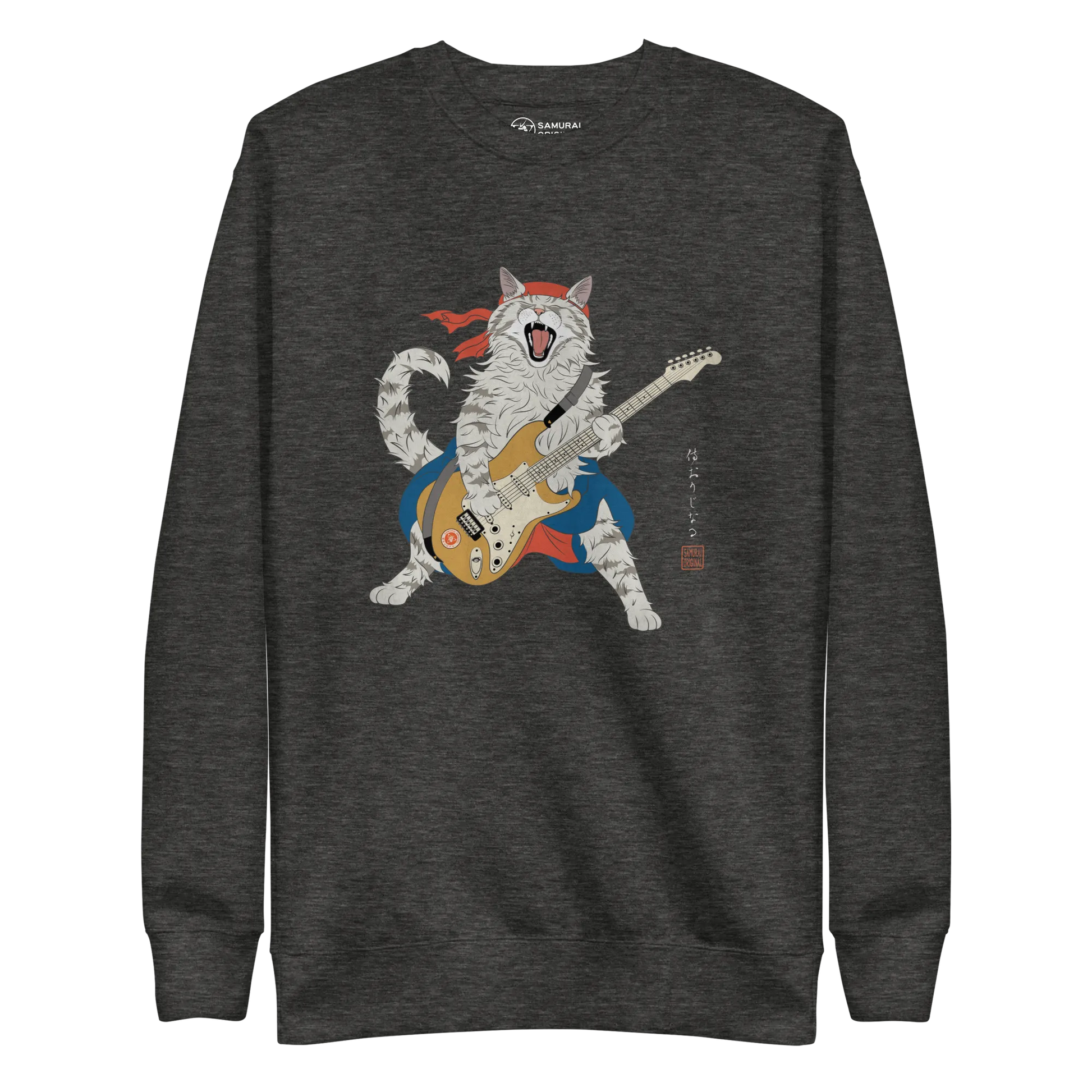 Cat Playing Guitar Japanese Ukiyo-e Unisex Premium Sweatshirt - Charcoal Heather / S