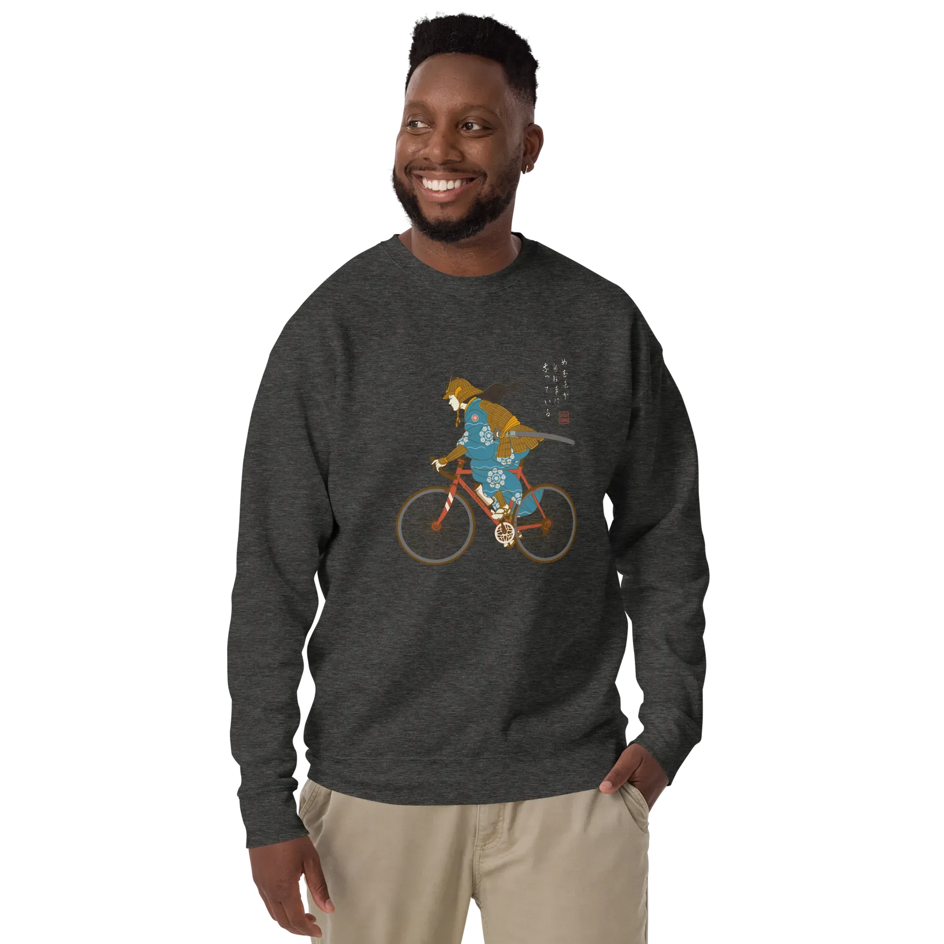 Onna Musha Riding Bicycle Japanese Ukiyo-e Unisex Premium Sweatshirt - Samurai Original