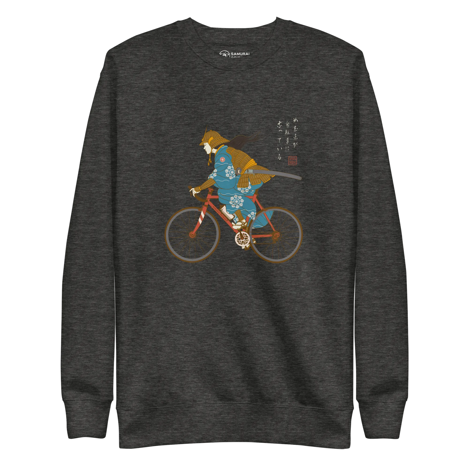 Onna Musha Riding Bicycle Japanese Ukiyo-e Unisex Premium Sweatshirt - Samurai Original