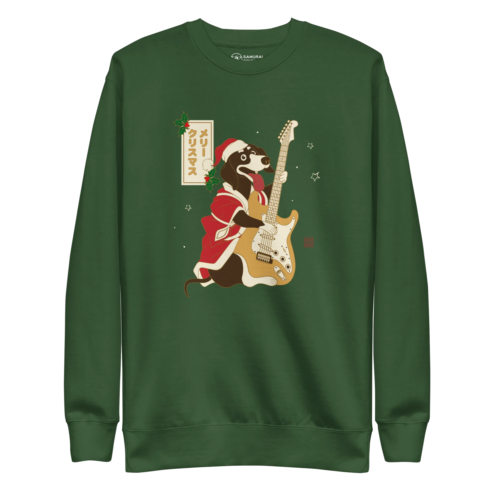 Dachshund Play Guitar Christmas Japanese Ukiyo-e Unisex Premium Sweatshirt - Forest Green / S