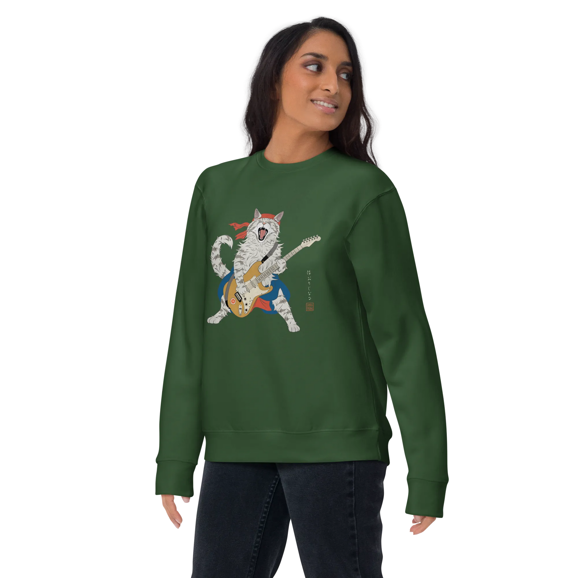 Cat Playing Guitar Japanese Ukiyo-e Unisex Premium Sweatshirt -