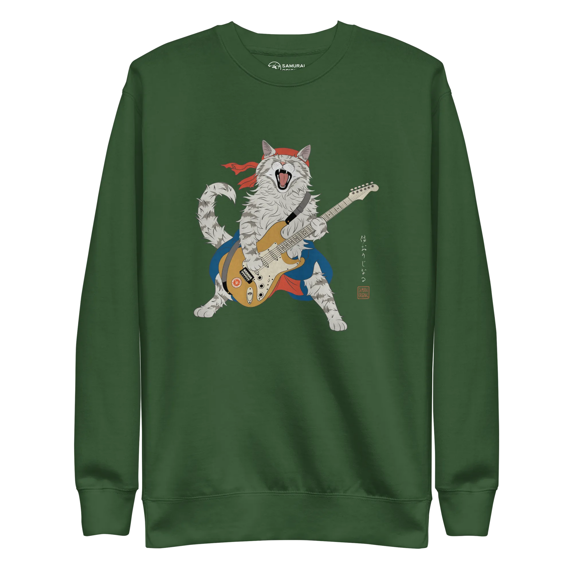 Cat Playing Guitar Japanese Ukiyo-e Unisex Premium Sweatshirt - Forest Green / S