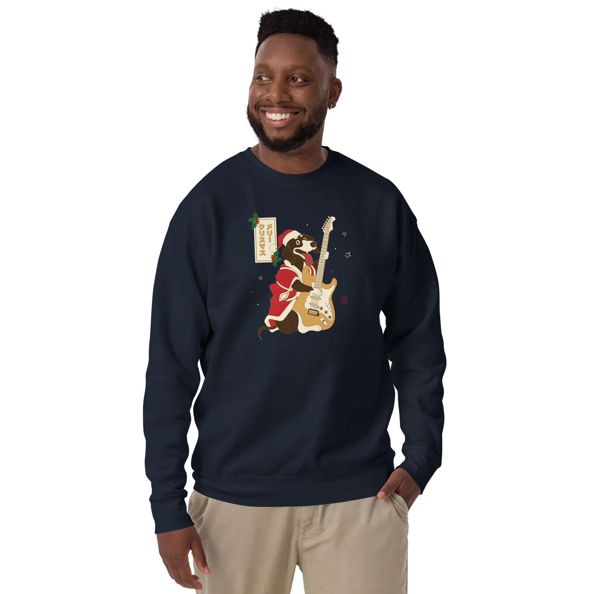 Dachshund Play Guitar Christmas Japanese Ukiyo-e Unisex Premium Sweatshirt -