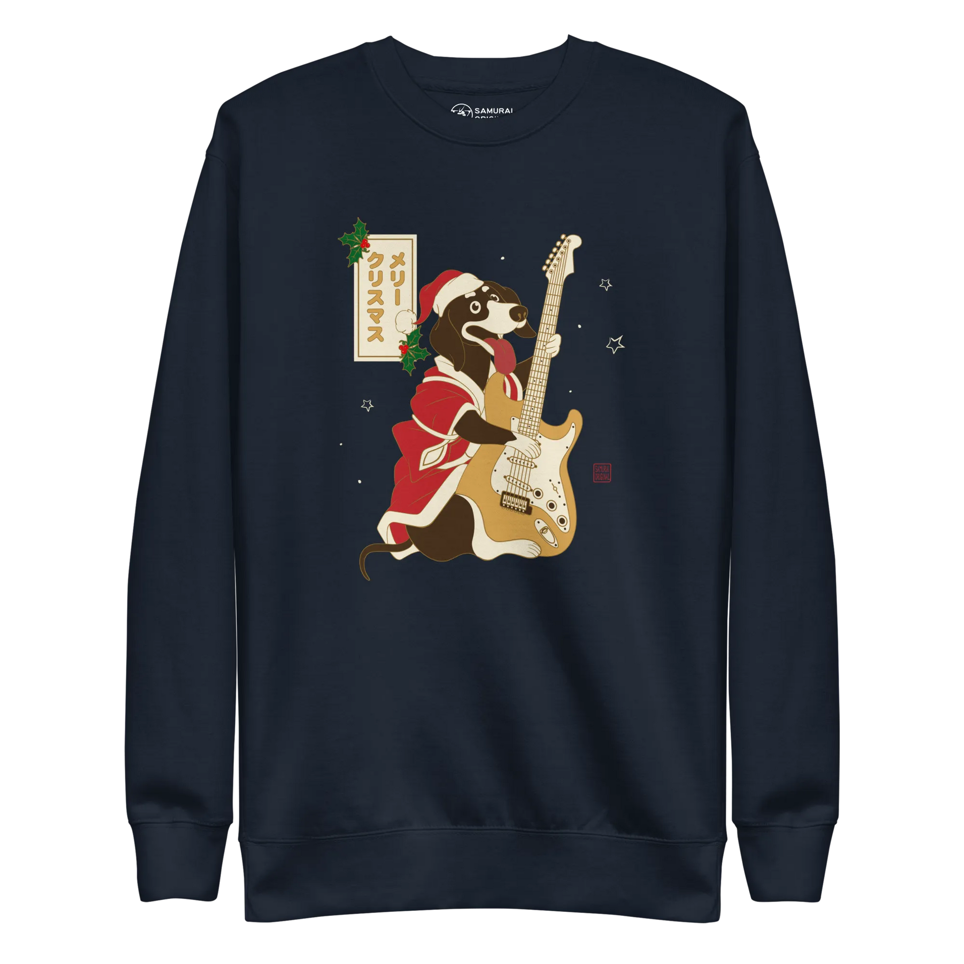 Dachshund Play Guitar Christmas Japanese Ukiyo-e Unisex Premium Sweatshirt - Navy Blazer / S