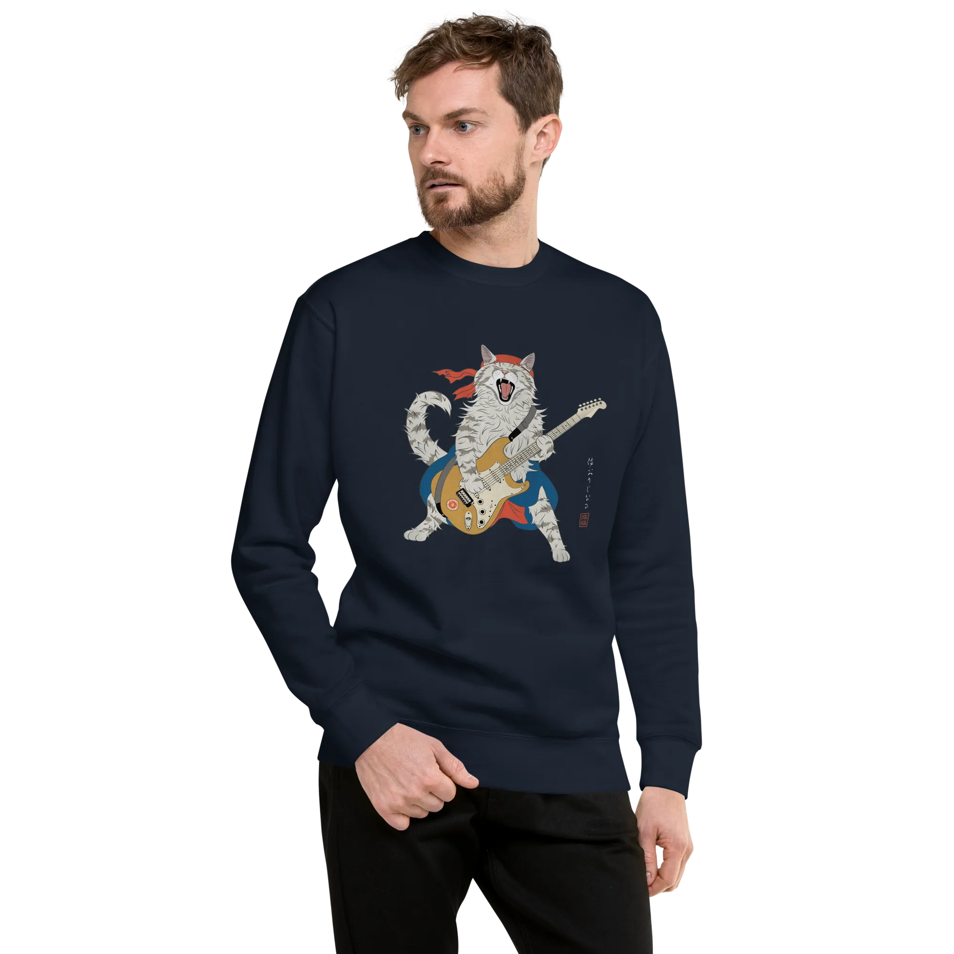 Cat Playing Guitar Japanese Ukiyo-e Unisex Premium Sweatshirt -