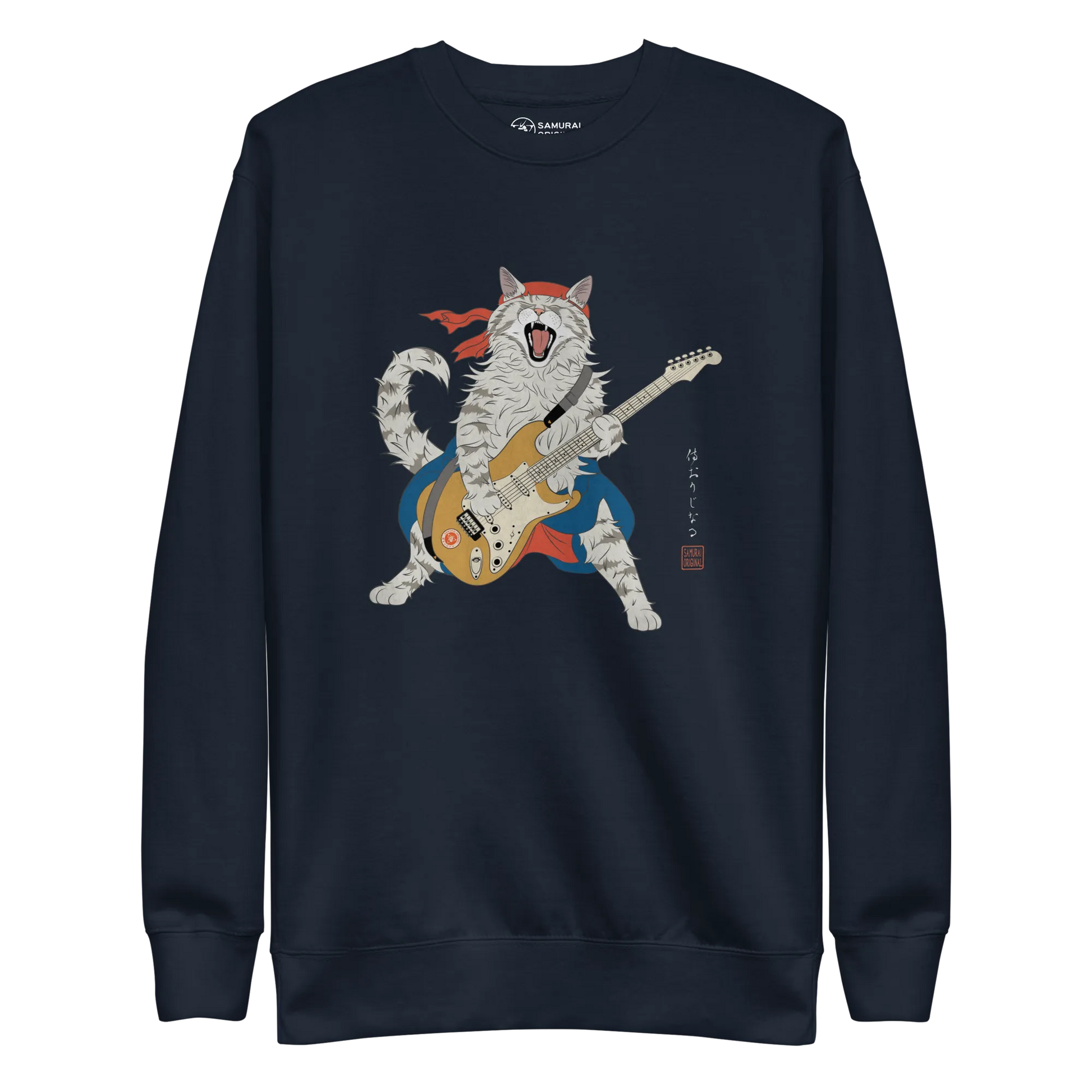 Cat Playing Guitar Japanese Ukiyo-e Unisex Premium Sweatshirt - Navy Blazer / S