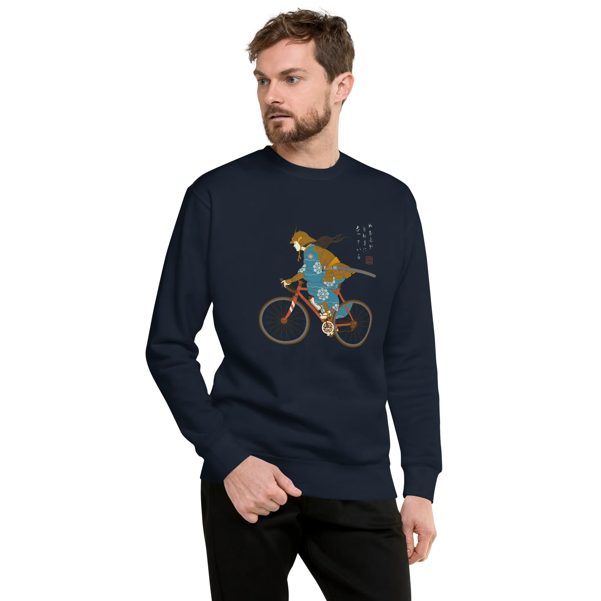 Onna Musha Riding Bicycle Japanese Ukiyo-e Unisex Premium Sweatshirt - Samurai Original