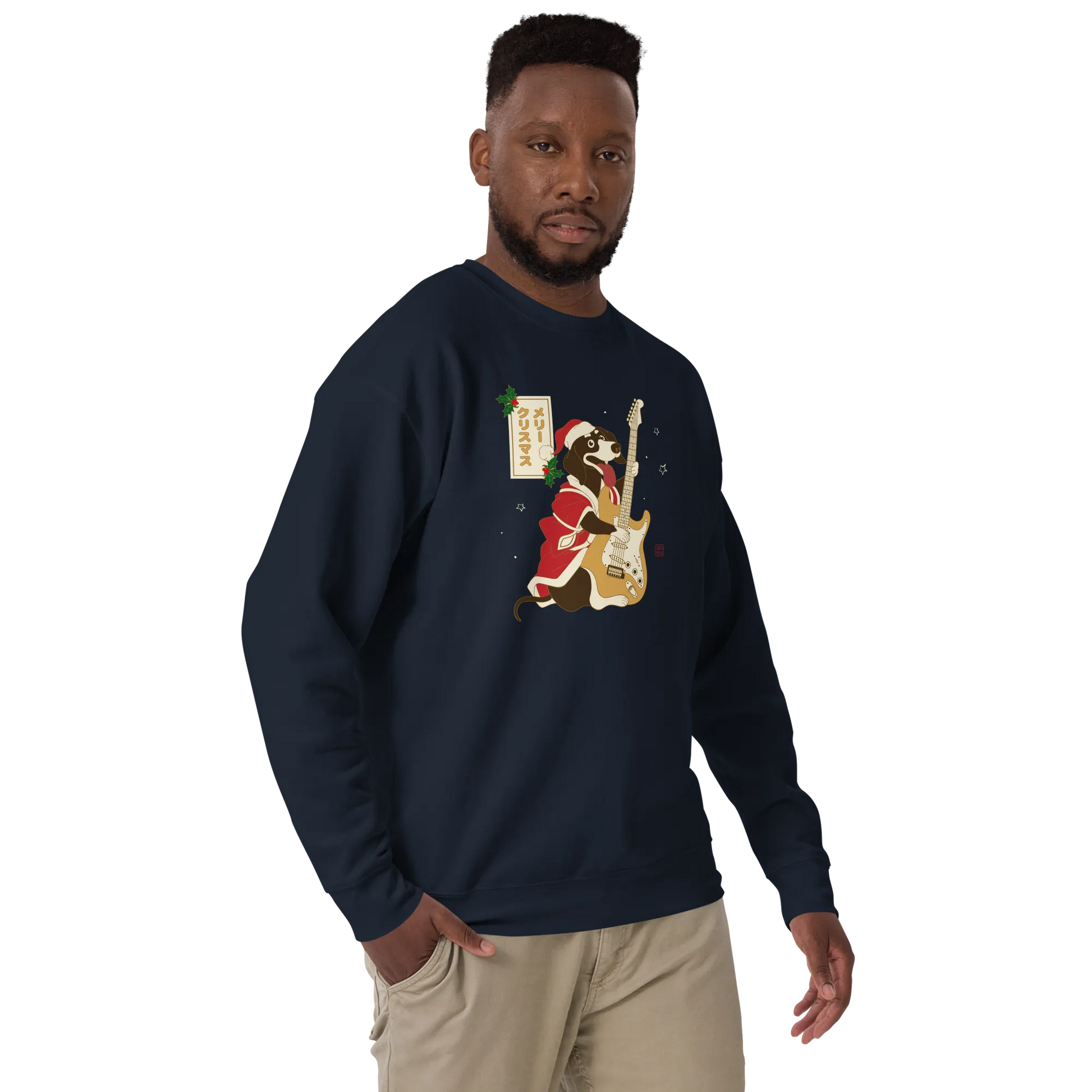 Dachshund Play Guitar Christmas Japanese Ukiyo-e Unisex Premium Sweatshirt -