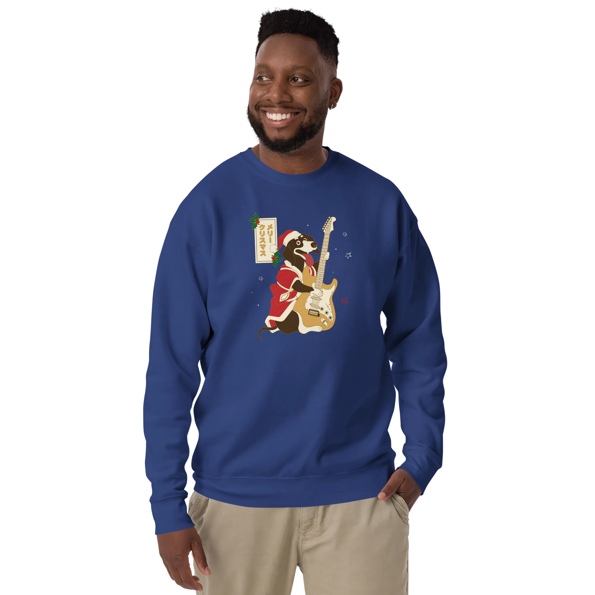 Dachshund Play Guitar Christmas Japanese Ukiyo-e Unisex Premium Sweatshirt -