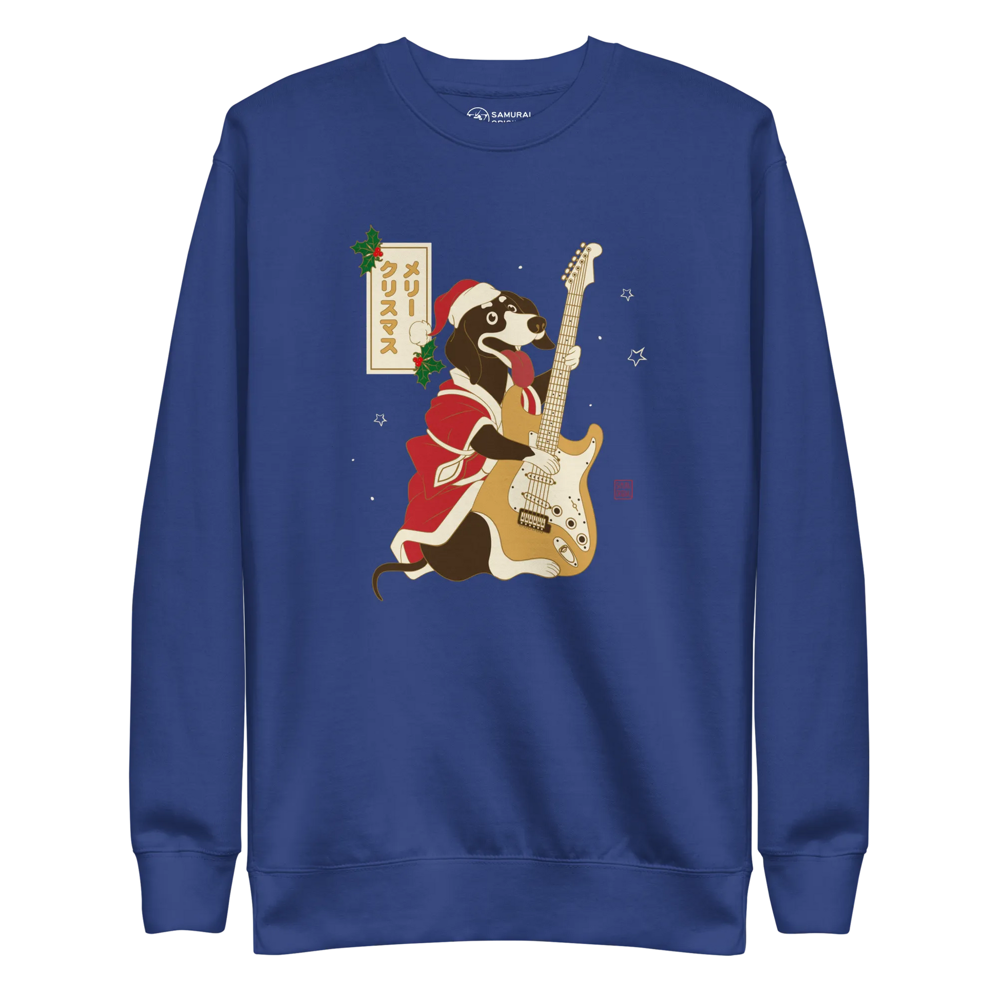 Dachshund Play Guitar Christmas Japanese Ukiyo-e Unisex Premium Sweatshirt - Team Royal / S