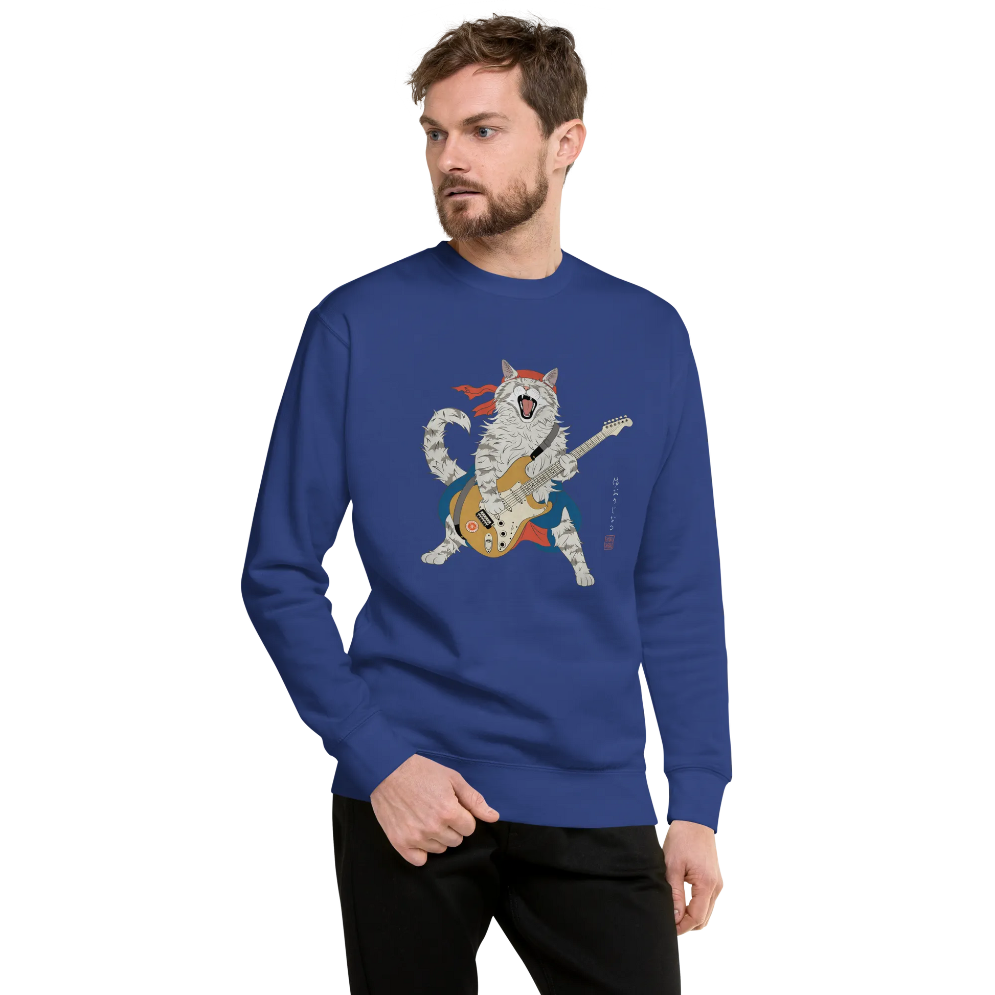 Cat Playing Guitar Japanese Ukiyo-e Unisex Premium Sweatshirt -