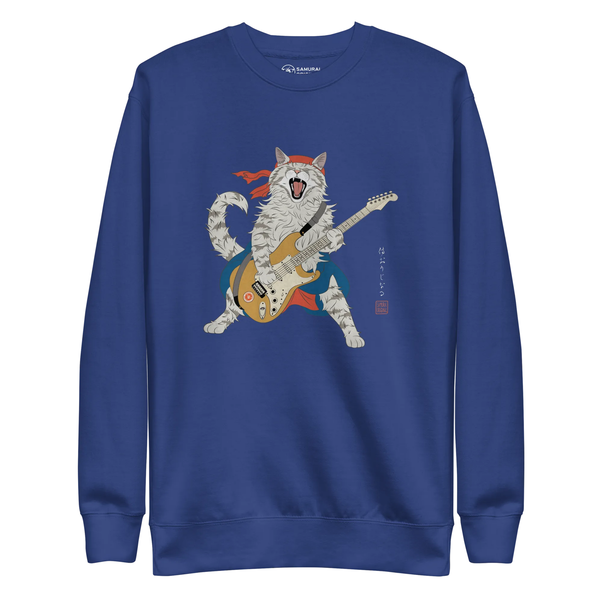 Cat Playing Guitar Japanese Ukiyo-e Unisex Premium Sweatshirt - Team Royal / S