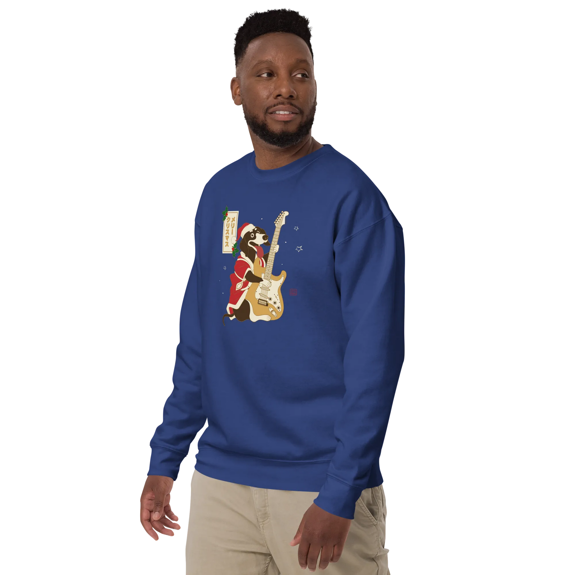 Dachshund Play Guitar Christmas Japanese Ukiyo-e Unisex Premium Sweatshirt -